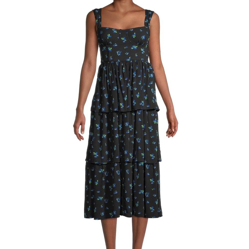 WeWoreWhat corset Tiered Cottagecore black Midi Dress with Blue Floral Pattern